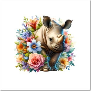 A rhino decorated with beautiful colorful flowers. Posters and Art